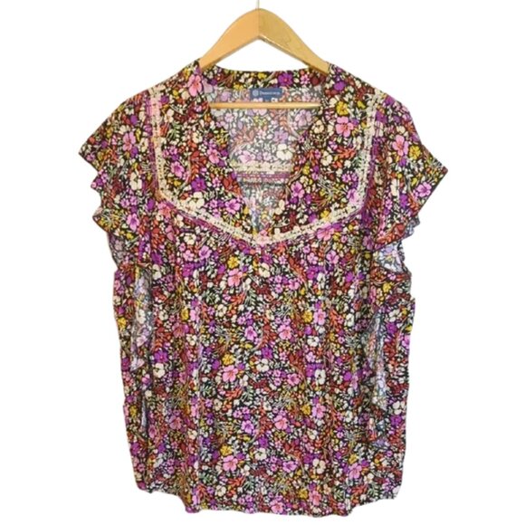 Democracy V-Neck Ruffle Flutter Sleeve Multicolor Floral Blouse | Size 2X - Picture 1 of 8